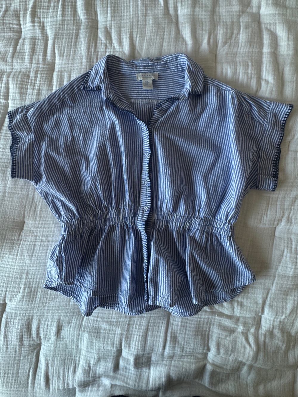 Calypso St. Barth Linen Blend Striped Peplum Button Front Blouse Medium - Picture 5 of 13